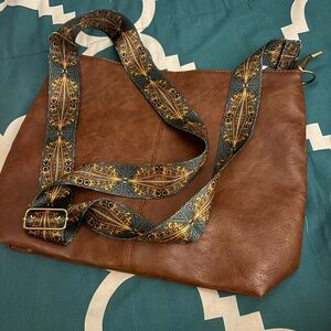 Brown Leather Bag with Patterned Strap
